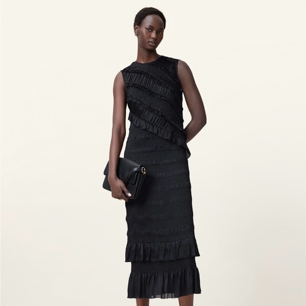 All Saints Black Ruffled Tiered Sheath Dress